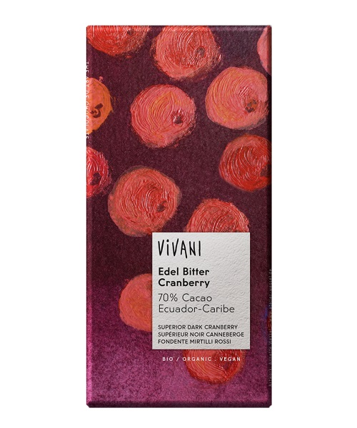 CHOCOLATE NEGRO CON ARÁNDANOS ROJOS EN TROZOS BIO 100gr (U/C 10)-VIVANI