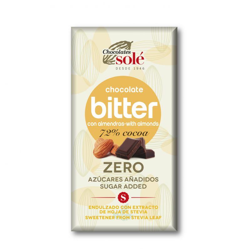 CHOCOLATE BITTER 72% stevia ALMENDRA 100gr-SOLE