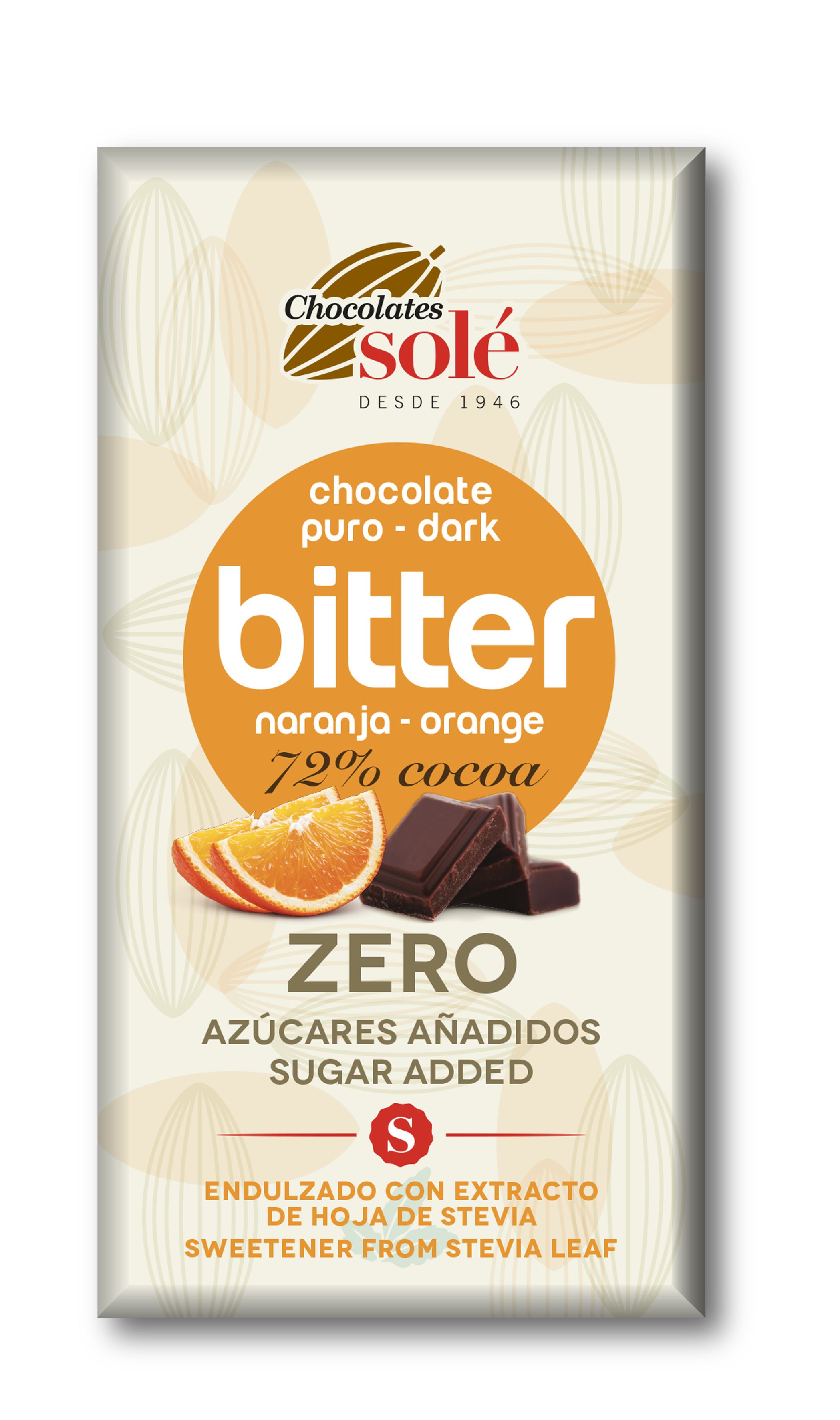CHOCOLATE BITTER 72% NARANJA stevia 100gr-SOLE
