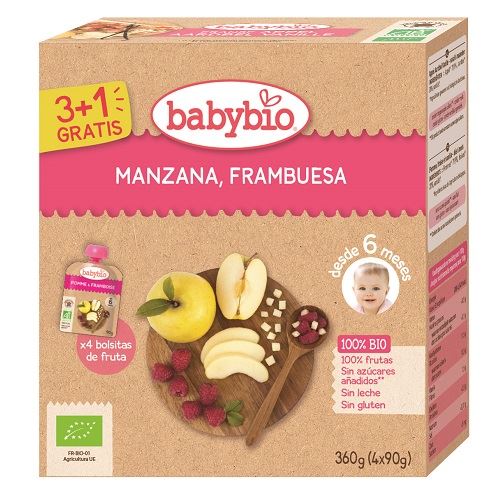 BABYBIO POUCHES MANZANA FRAMBUESA 4 x90 gr PROMO 3+1